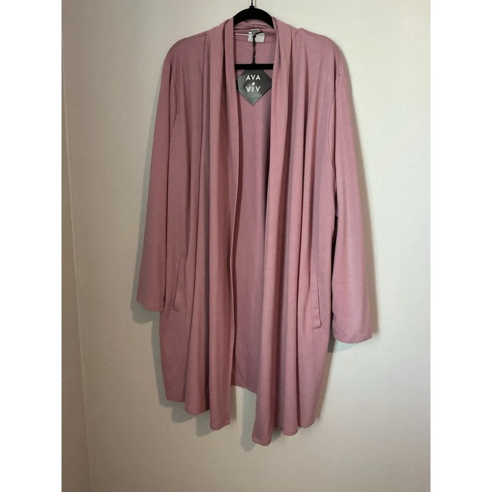 Ava‎ & Viv Duster Cardigan Mauve Pink Open Front Pockets L/S Travel Stretch 2X
